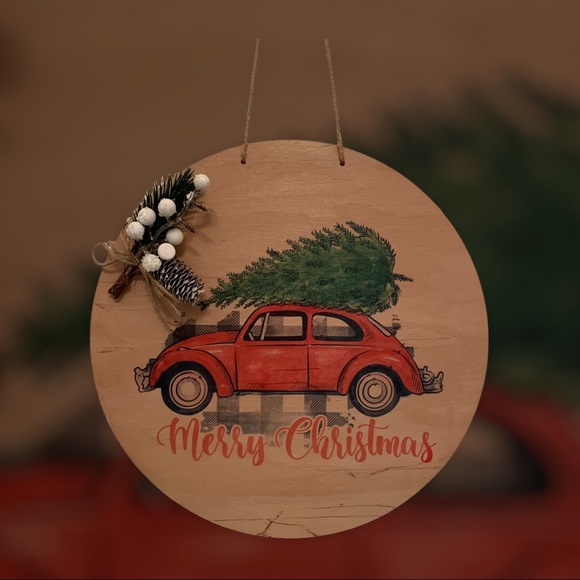Holiday Decor VW Bug with Tree 12" Thin Birch Round Wood Handmade Wall Art - Picture 3 of 3